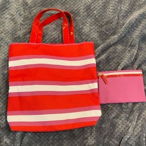 New adorable bright striped tote bag with small cosmetic bag use as a pool bag